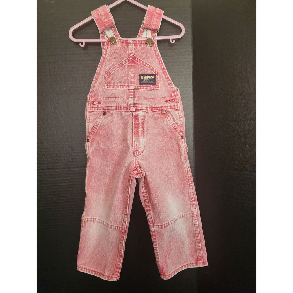 Vintage OshKosh Bgosh Pink Acid Wash Denim Overalls Vestbak USA Made 3T